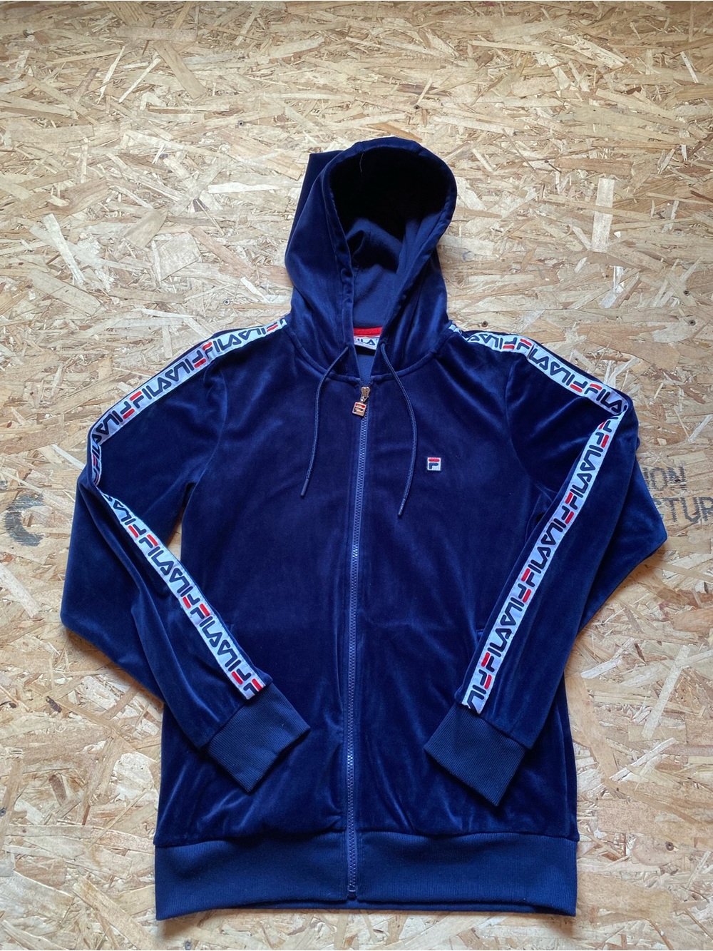 FILA Navy Velour Zip Hoodie with Branded Sleeve Tape